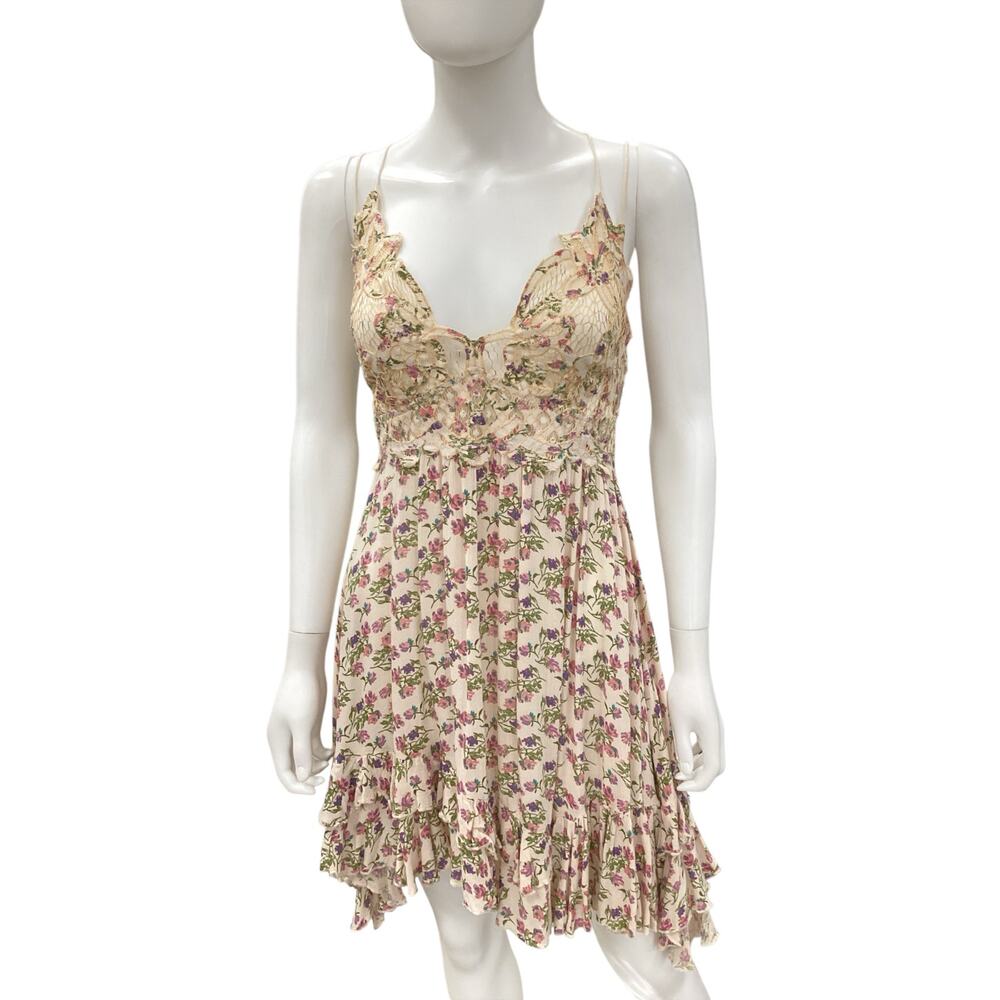 FP One Free People Dress Women SZ M Slip Dress Sleeveless Floral Pattern Cream